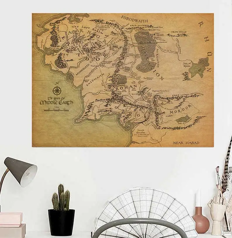 Banmu-Póster artístico de pared con mapa de ciudad Retro de la Tierra Media, cercana Harad, mapa Vintage, pinturas en lienzo para pared, decoración del hogar para sala de estar