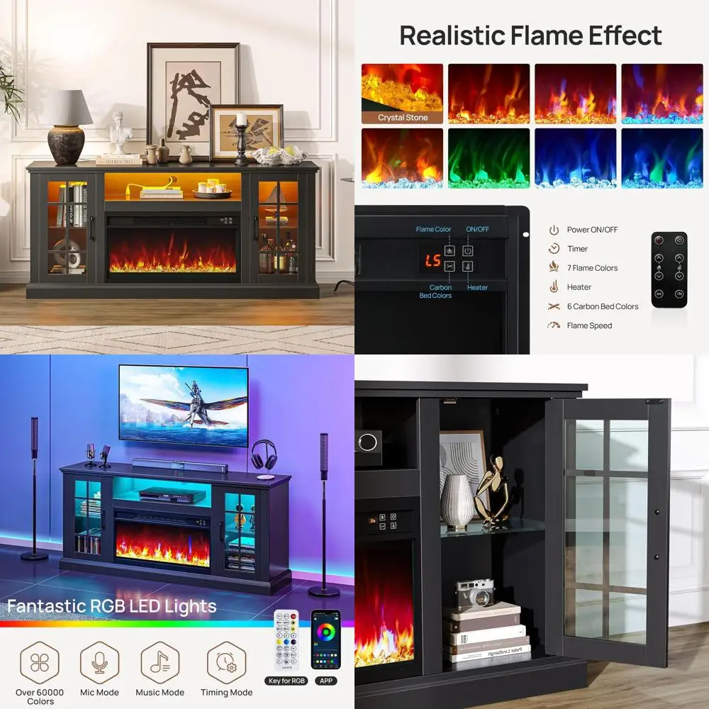 

Современная подставка для телевизора со светодиодной подсветкой и розетками, черный медиацентр для 26-дюймового электрокамина или телевизоров 45-65 дюймов, тумба для хранения (L)