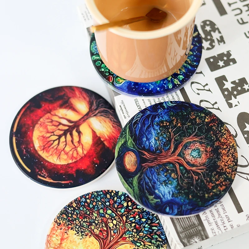 4PCS Ceramic Coasters Cork Tree of Life Non-slip Absorbent Mat High Temperature Resistant Drink Cup Mats Kitchen Decoration