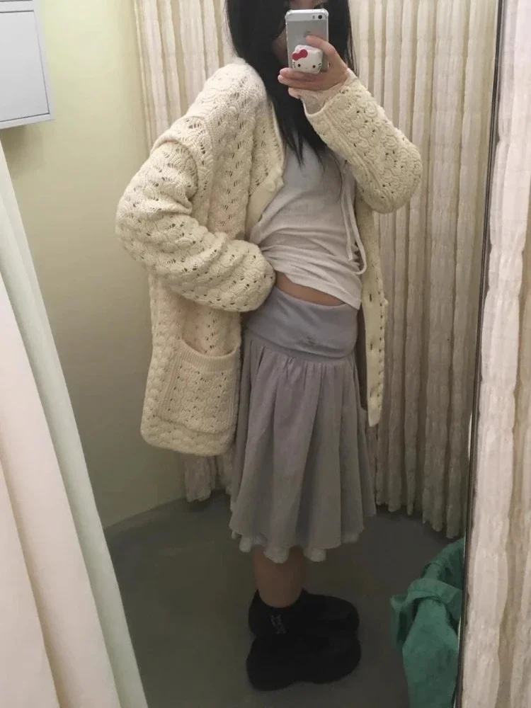 

Japanese Vintage Patchwork A-line Skirts Y2k High Waist Light Gray Skirt for Women 2025 Summer New Mid-length Faldas Mujer