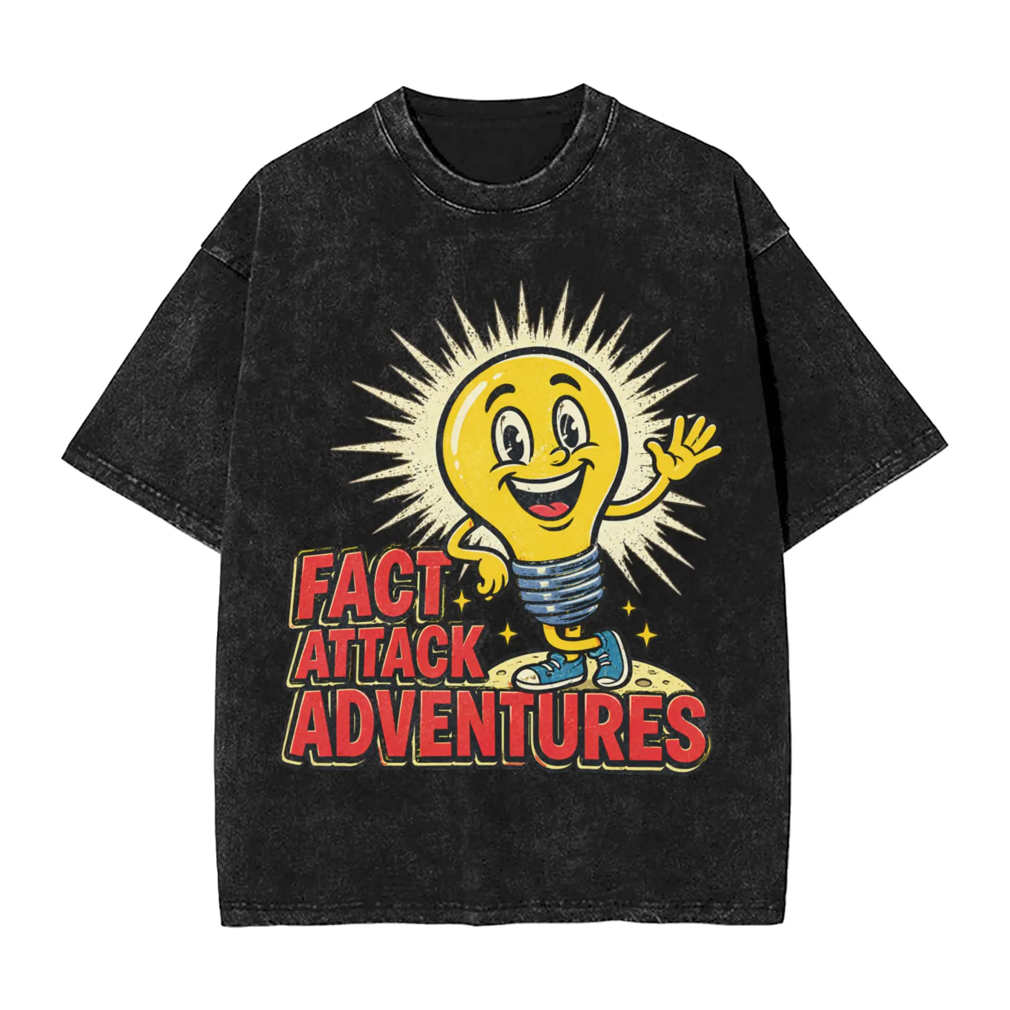 Casual Light Bulb Fact Attack Adventures  T-Shirts Men Round Collar Pure Cotton Washed T Shirts  Short Sleeve Tees Clothing