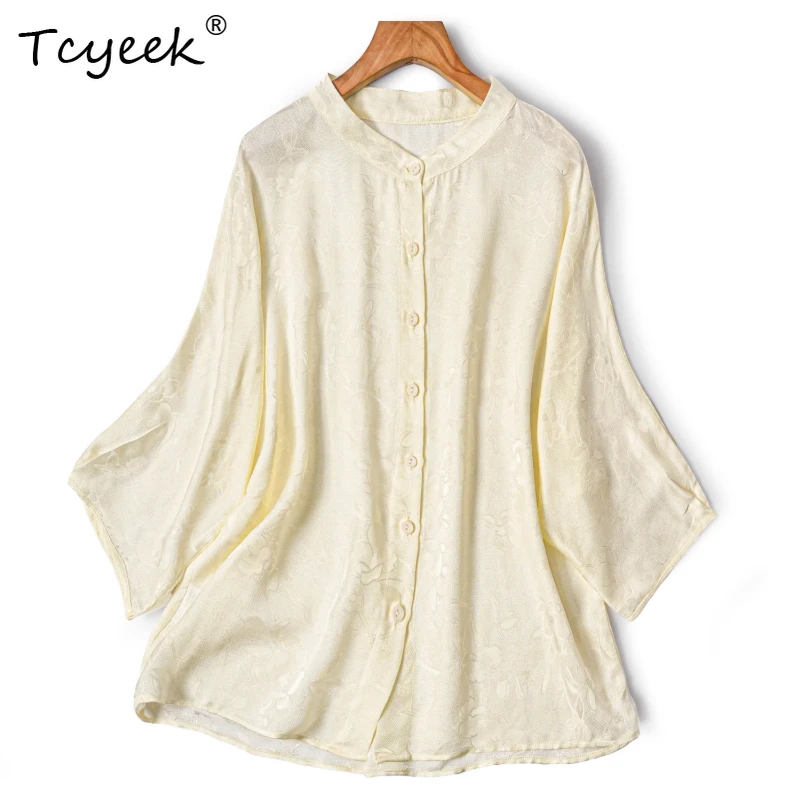 

Tcyeek 100% Mulberry Silk Summer Thin Round Neck Bat Sleeves Loose Floral Five Quarter Sleeves Women's Shirts Женская Одежда