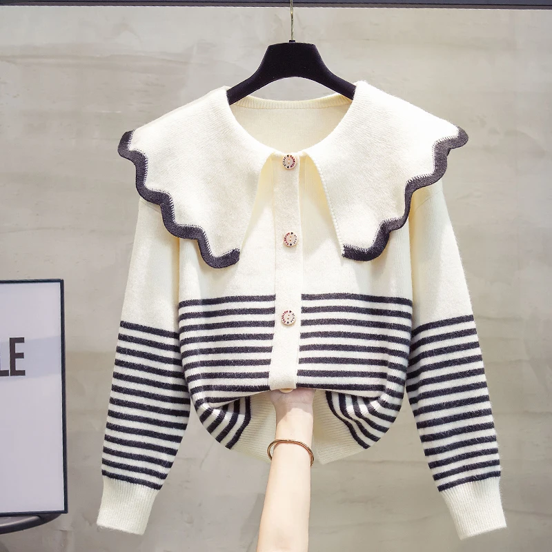 Peter Pan Collar Striped Sweater Single Breasted Knitted Cardigan Women\'s 2024 Spring Autumn New Korean Loose Versatile Coat