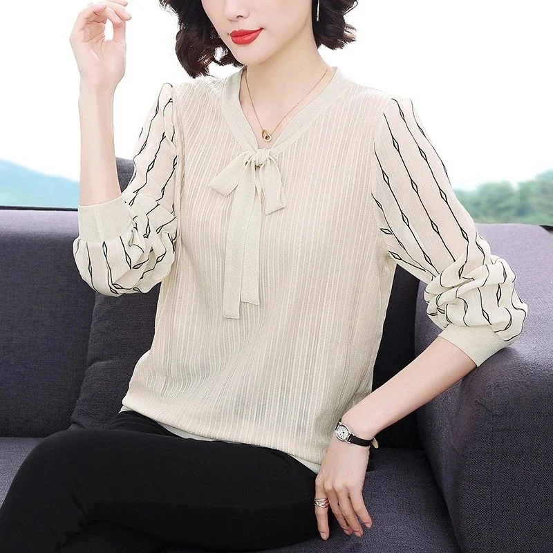 

Women's Sheer Mesh Short Sleeve Blouse V Neck Bow Tie Striped Casual Summer Top For Middle Aged