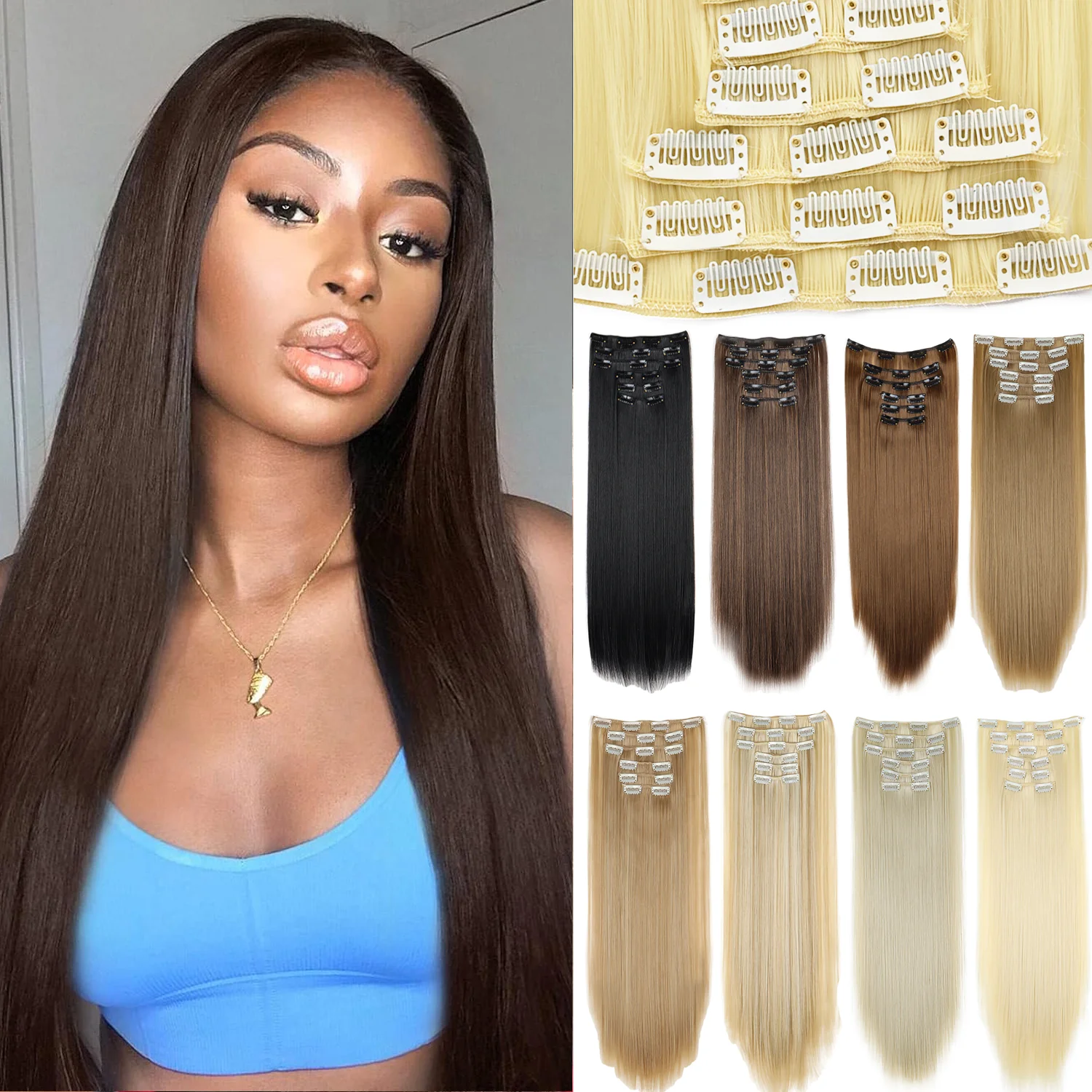 

Синтетические накладные пряди для волос на 6 заколках, 16 клипс, длинные, гладкие, для полной прически, естественный вид, для косплея, вечеринок, повседневного использования, накладные волосы