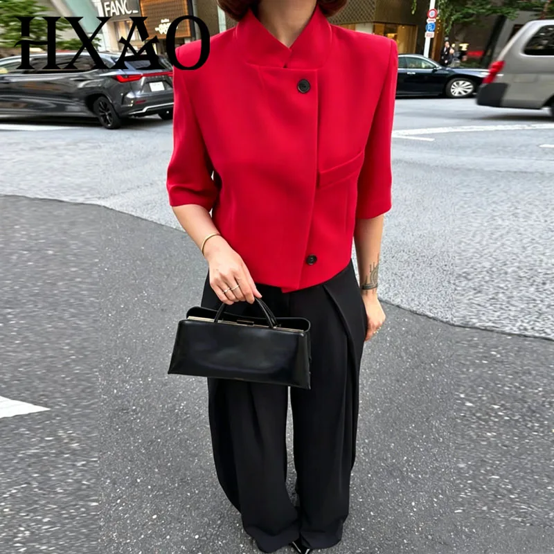 HXAO Asymmetric Crop Blazer Woman White Black Red Cropped Jacket Short Sleeve Button Outerwear Chic Office Jacket Coat Female