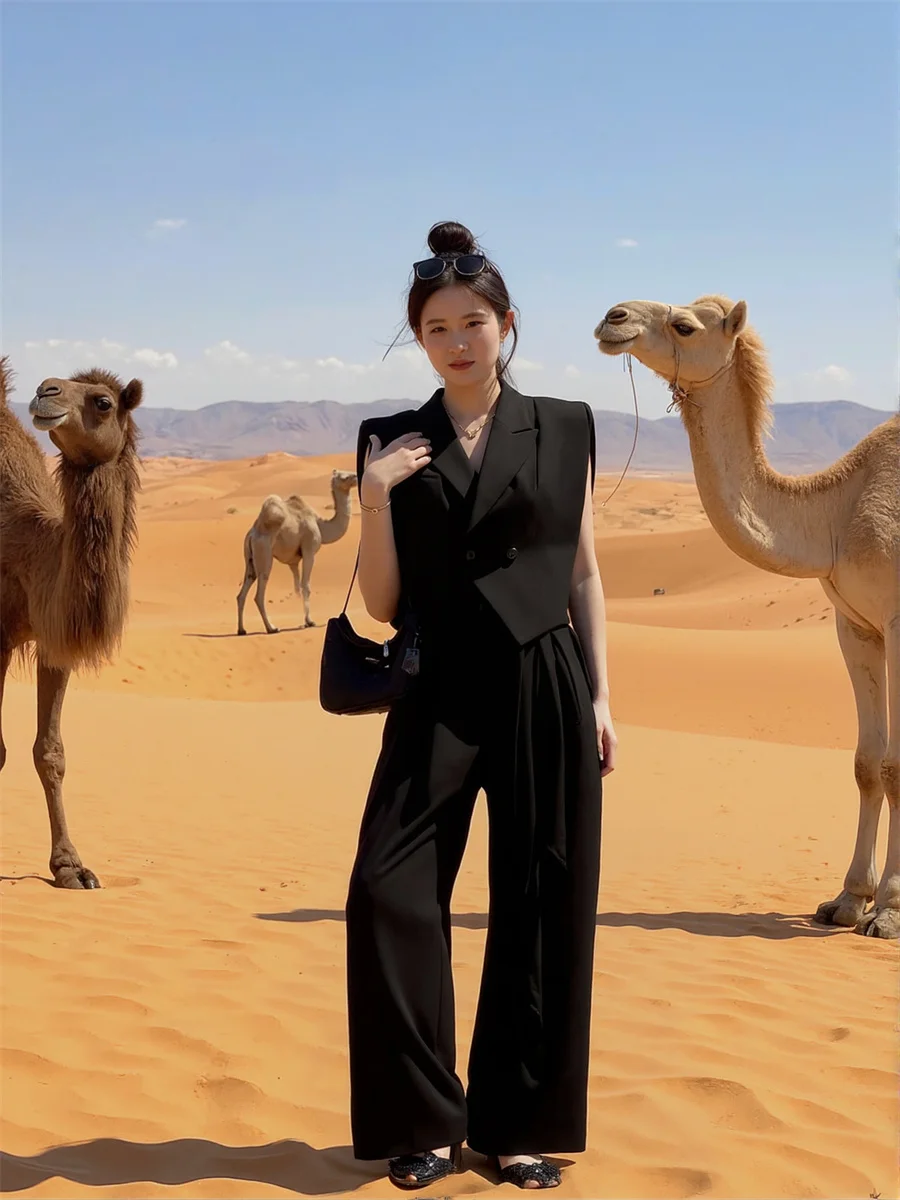 صدريات نسائية سترات نمط المال القديم قمة الخريف الأسود شيك الكورية خفيفة الوزن بلا أكمام زر متابعة الجبهة بسيطة الحديثة