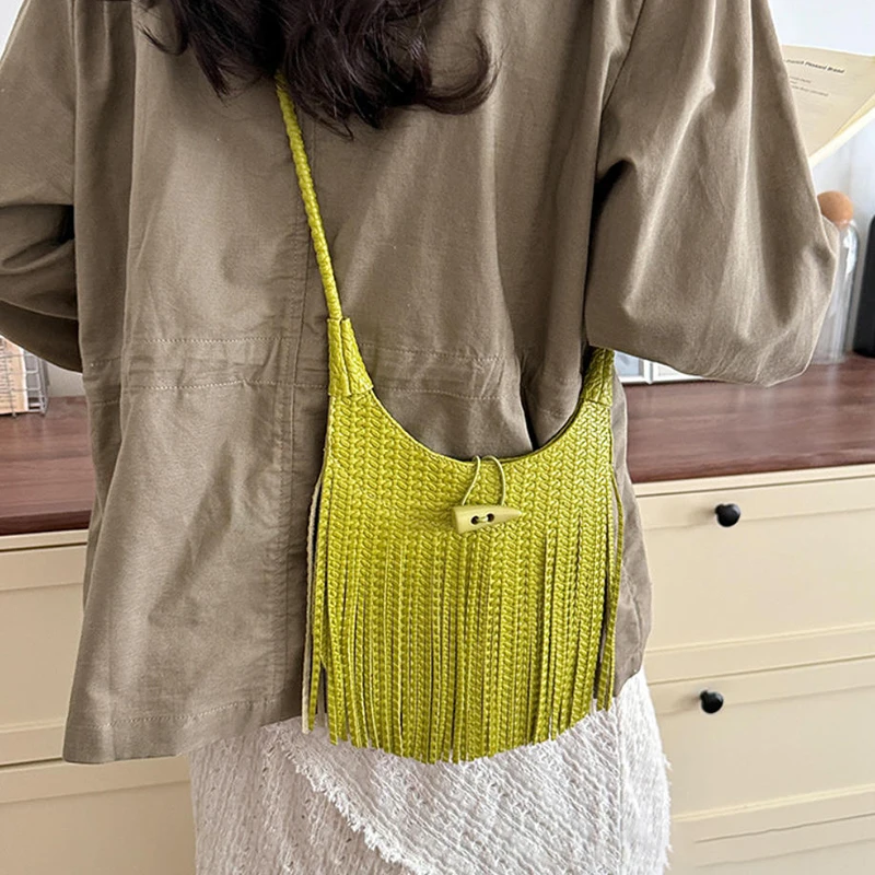 Long Tassel Horn Button Crossbody Shoulder Bag,bohemian Women Sling Bag,summer Fringed Woven Lightweight Handbag,commute Purse view 3