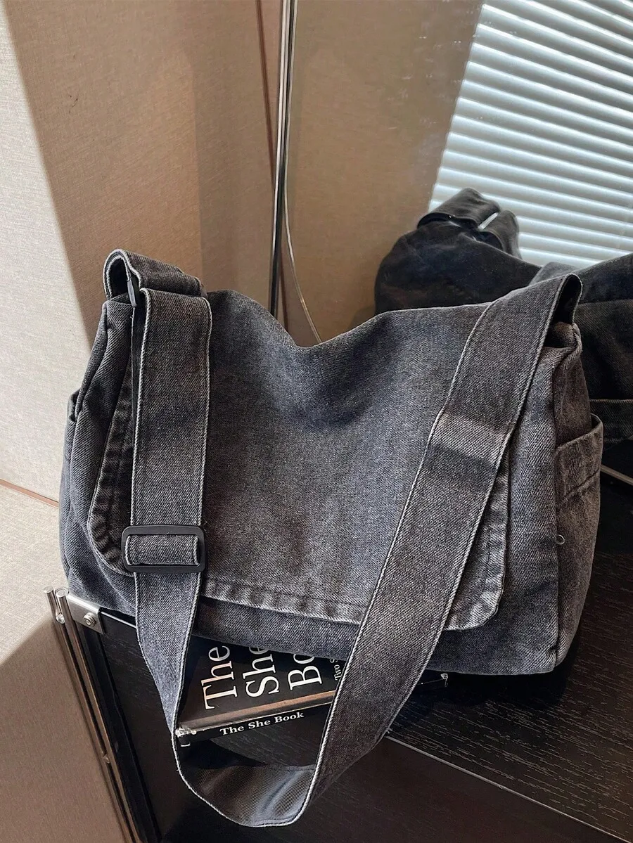 Vintage American Minimalist Washed Thick Dark Gray Canvas Bag, Versatile Large Capacity Messenger Bag, Casual College Student Sh