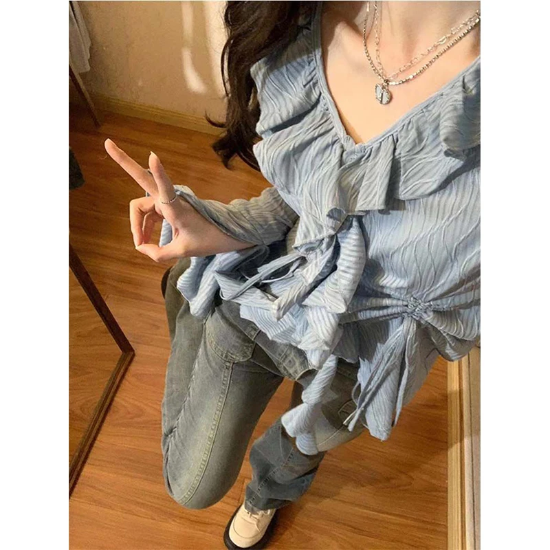 Streetwear Ruffles Shirts Women Elegant Flare Long Sleeve Sun Proof Blouses Korean Fashion Drawstring Slim Sun Protection Tops