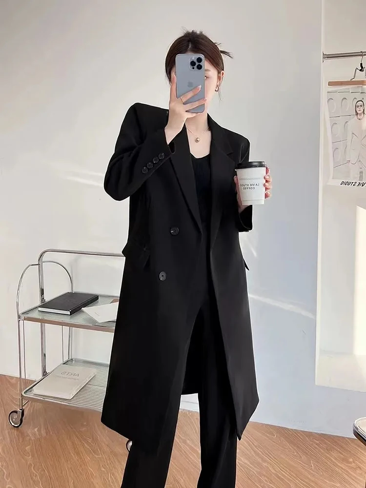 Chic Elegant Women Midi Blazers Spring Fall Long Sleeve Button Streetwear Jacket Solid Simple Office Lady British Style Outwear