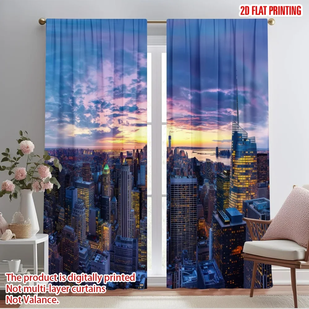 2pcs,2D plane printing Curtains Roller Blinds Twilight Skyline Polyester Woven (without rod) Outdoor Decorations Use for Bedroom