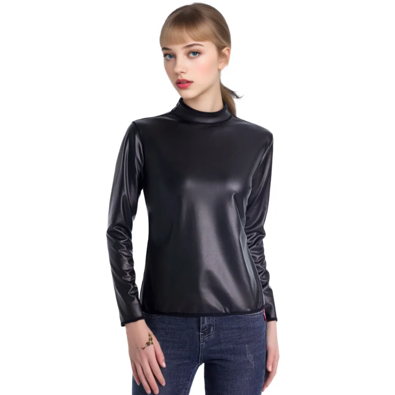 Cool femme corps Shaper cuir col montant manches longues chemise moto Biker hauts taille formateur t-shirt mode Shapewear hauts