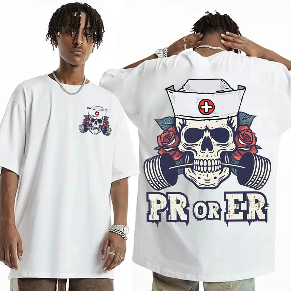 

PR or ER Weightlifting Gift T Shirts Oversized Gym Skeleton Funny Tee Shirt Men Women Gothic Oversized Cotton T-shirt Streetwear