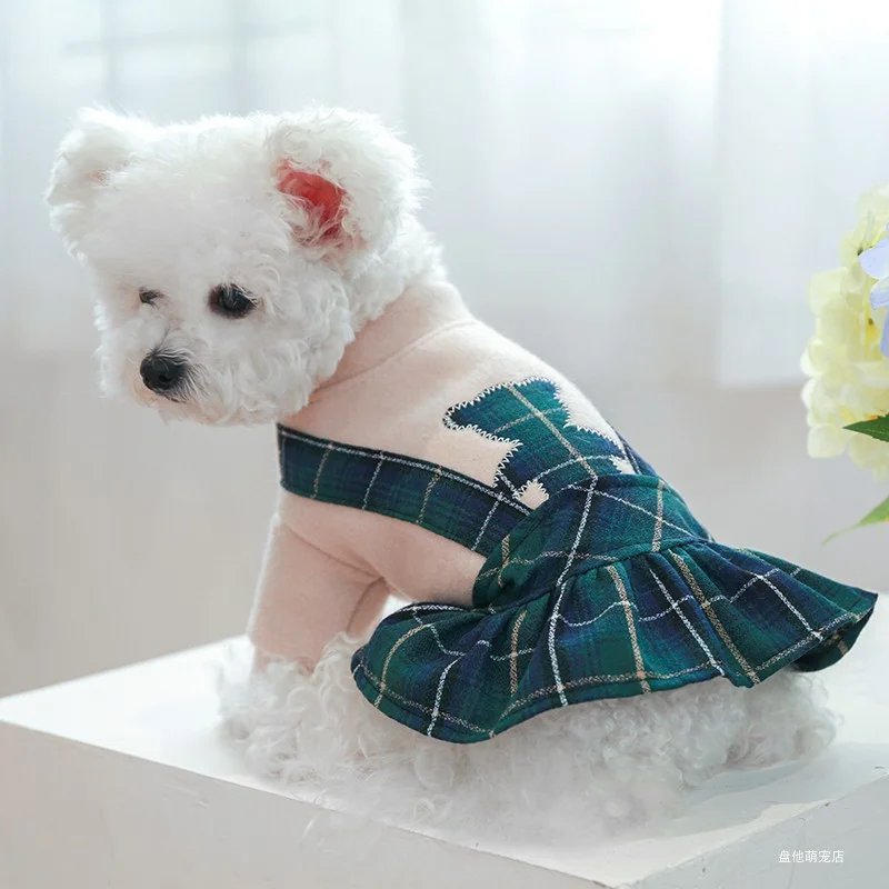 1PC Pet Clothes Cat Autumn/Winter Thick Bear Hug Green Plaid Princess Skirt Suitable for Small and Medium Dogs