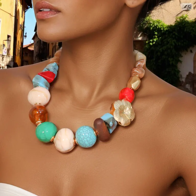 

Statement Boho Necklace with Colorful Beads Handmade for Women Trendy Party Jewelry