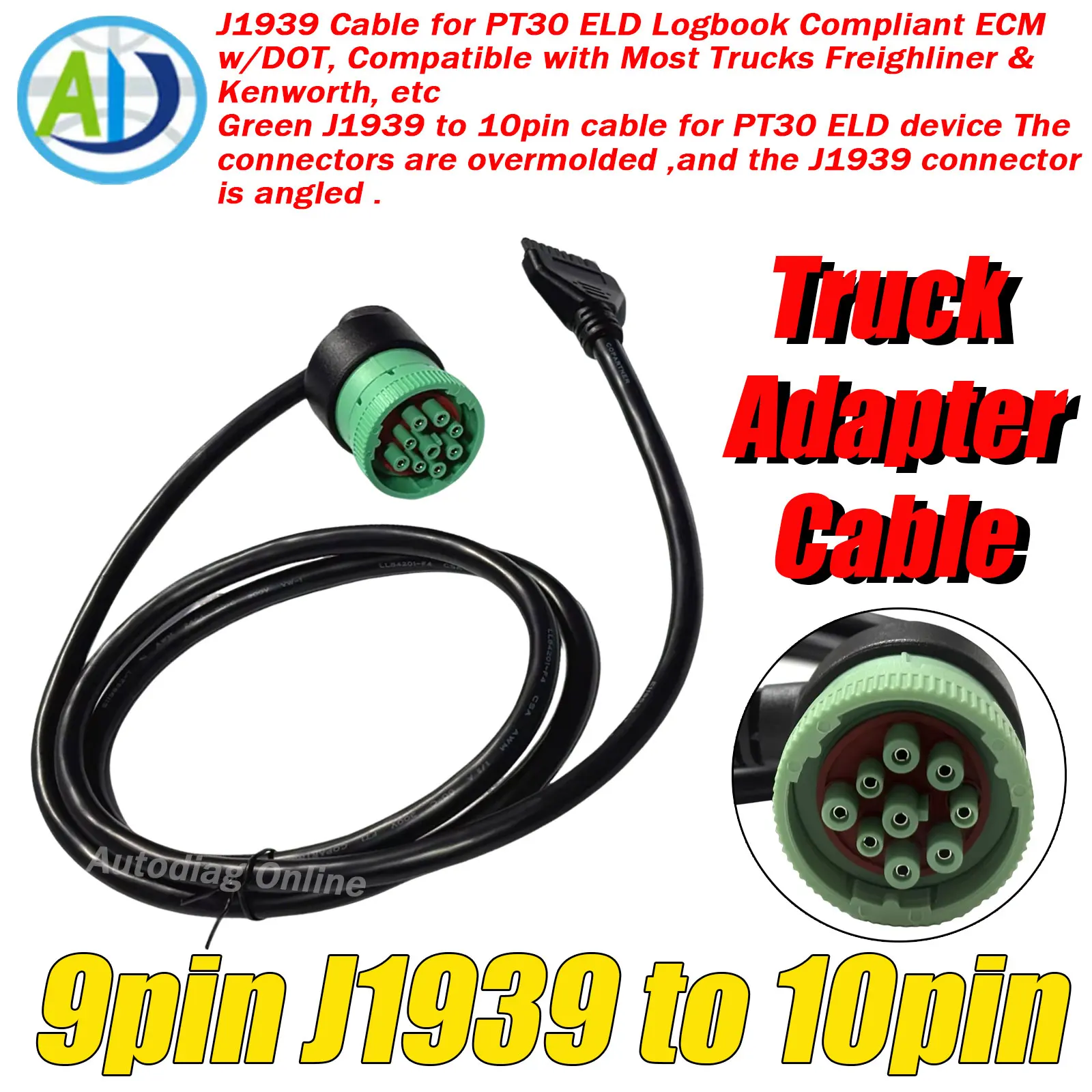

J1939 9pin to 10pin Truck Diagnostic Adapter Cable for PT30 ELD Logbook Compliant ECM w/DOT J1939 For Truck Freighliner Kenworth