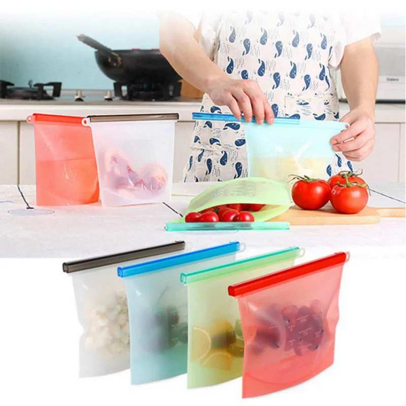 مجموعة أكياس طعام من السيليكون متعدد البلورات - أكياس نظافة 1000 مل و1500 مل قابلة لإعادة الاستخدام مع سحاب