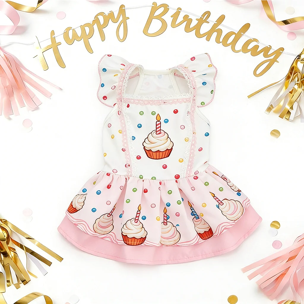 Vestido cumpleaños perro gato estampado judías cupcakes volantes - imagen 5