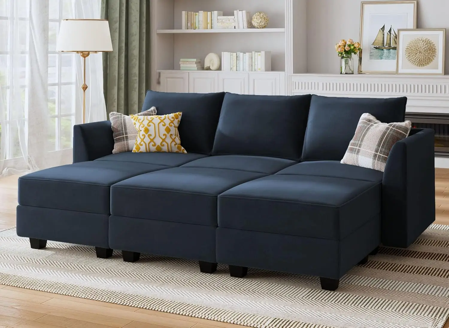 Modular Sectional Sleeper Sofa with Storage Seat Velvet Sectional Sofa with Chaise Sectional Couches for Living Room Dark Blue