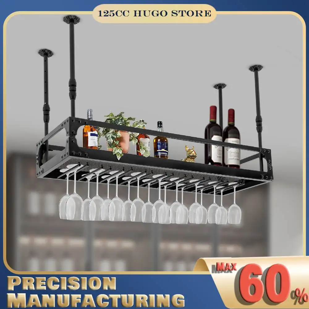 

Ceiling Mounted Hanging Wine Rack 50kg Wine Bottle Holder 100cm Vintage Industrial Style Bar Decor Floating Shelf
