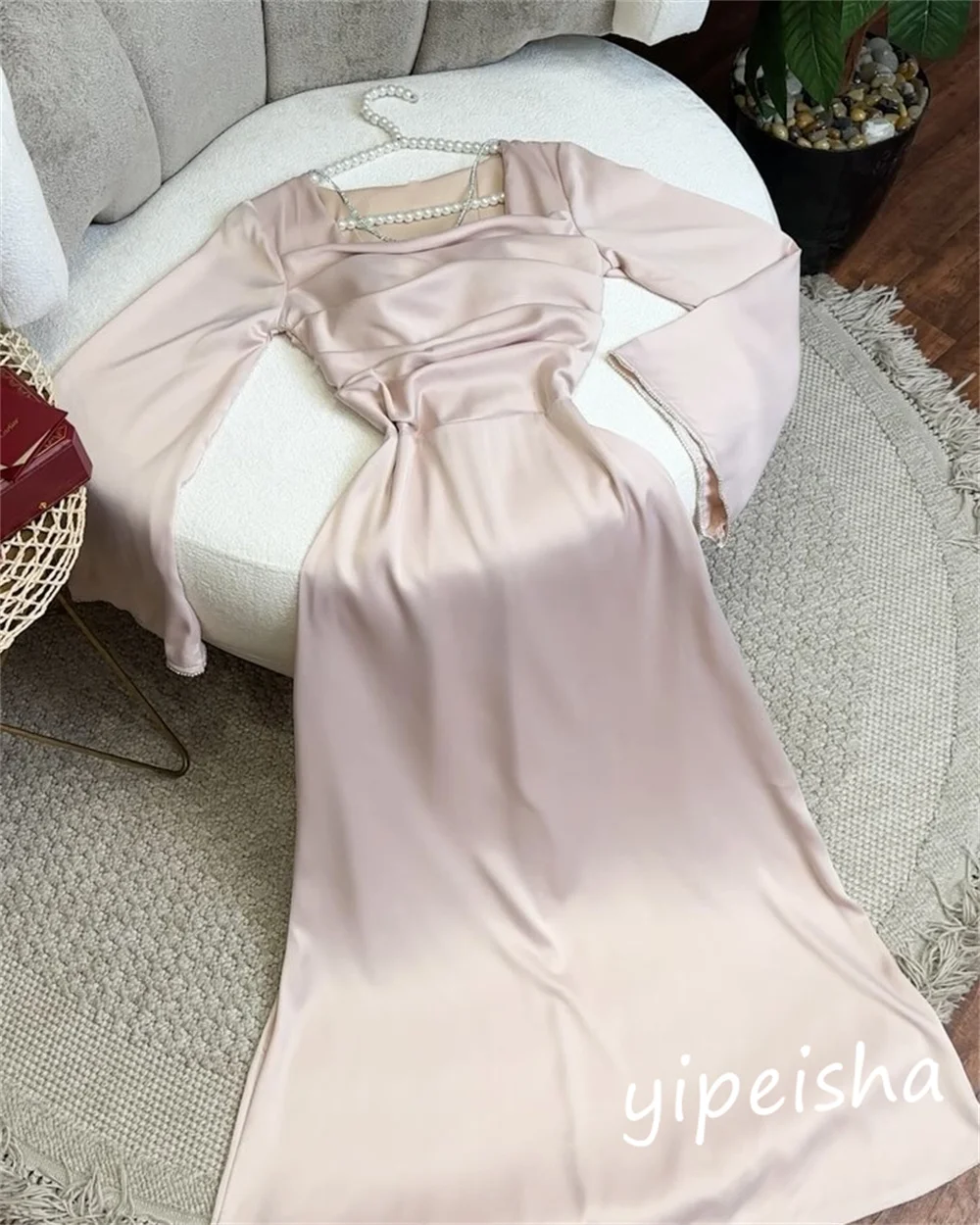 Jiayigong High Quality  Prom Satin Ruffles Cocktail Party A-line Square Neck Bespoke Occasion Gown Midi Dresses