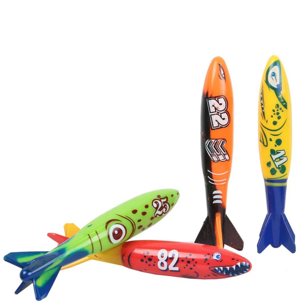 4ชิ้นของเล่นดำน้ำตอร์ปิโดปลาแท่งดำน้ำขีปนาวุธเด็กใต้น้ำจรวดขว้างปาของเล่นสระว่ายน้ำดำน้ำการฝึกอบรมเกม