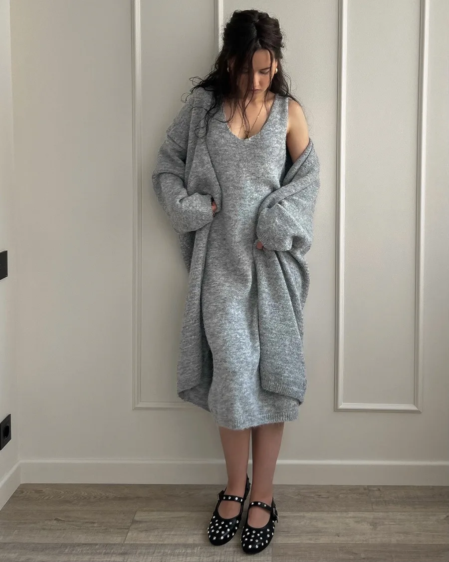 

Fashion Knit Dress Outfit Spring Women Long Sleeve V-neck Cardigan Coat+High Waist Loose Sleeveless Dresses Autumn Two Piece Set