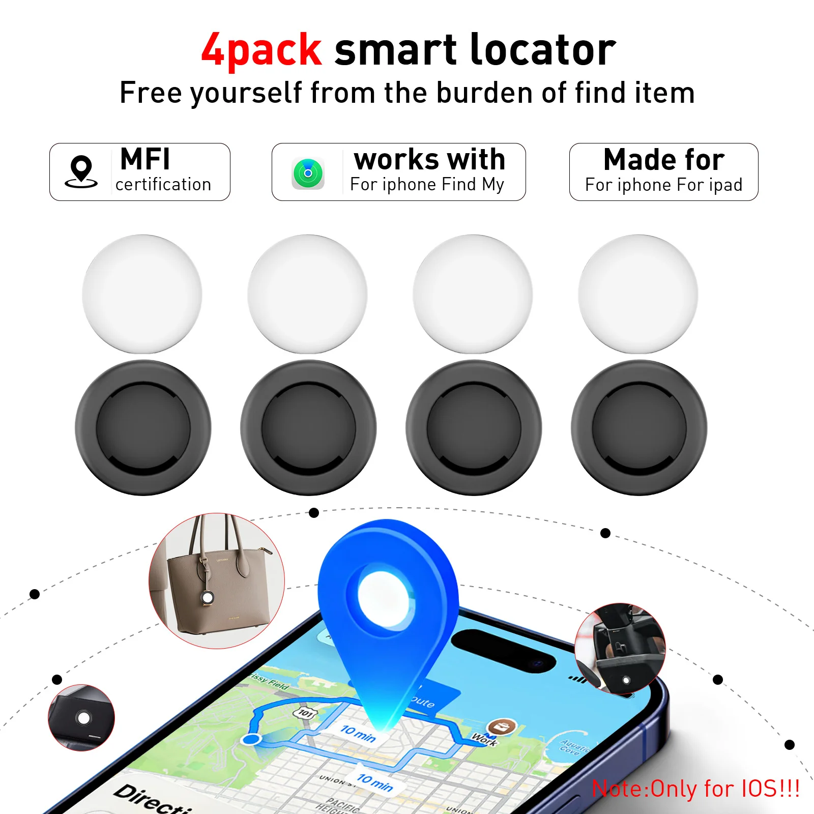 4-Pack GPS Tracker Tags (Strong Magnetic Adhesion) — Anti-Loss Location Devices, Supports 