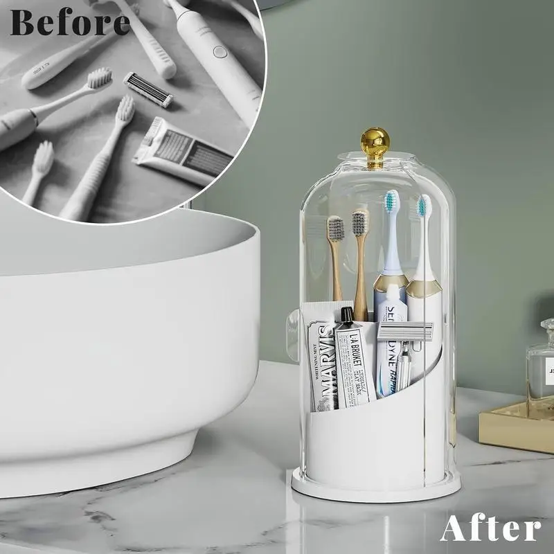 360 Rotating Makeup Brush Organizer with Clear Dustproof Lid Multi-Grid Cosmetic Storage Box Desktop Vanity Countertop Container Toothbrush Stand Beauty Display Case for Bathroom Dresser Office