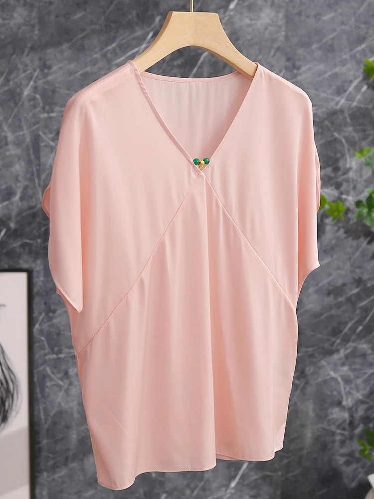 

Pink Silk Short Sleeve T-Shirt V-Neck Embellished Button Heavyweight True Silk Worms White Gentle Ageless Top Shirt