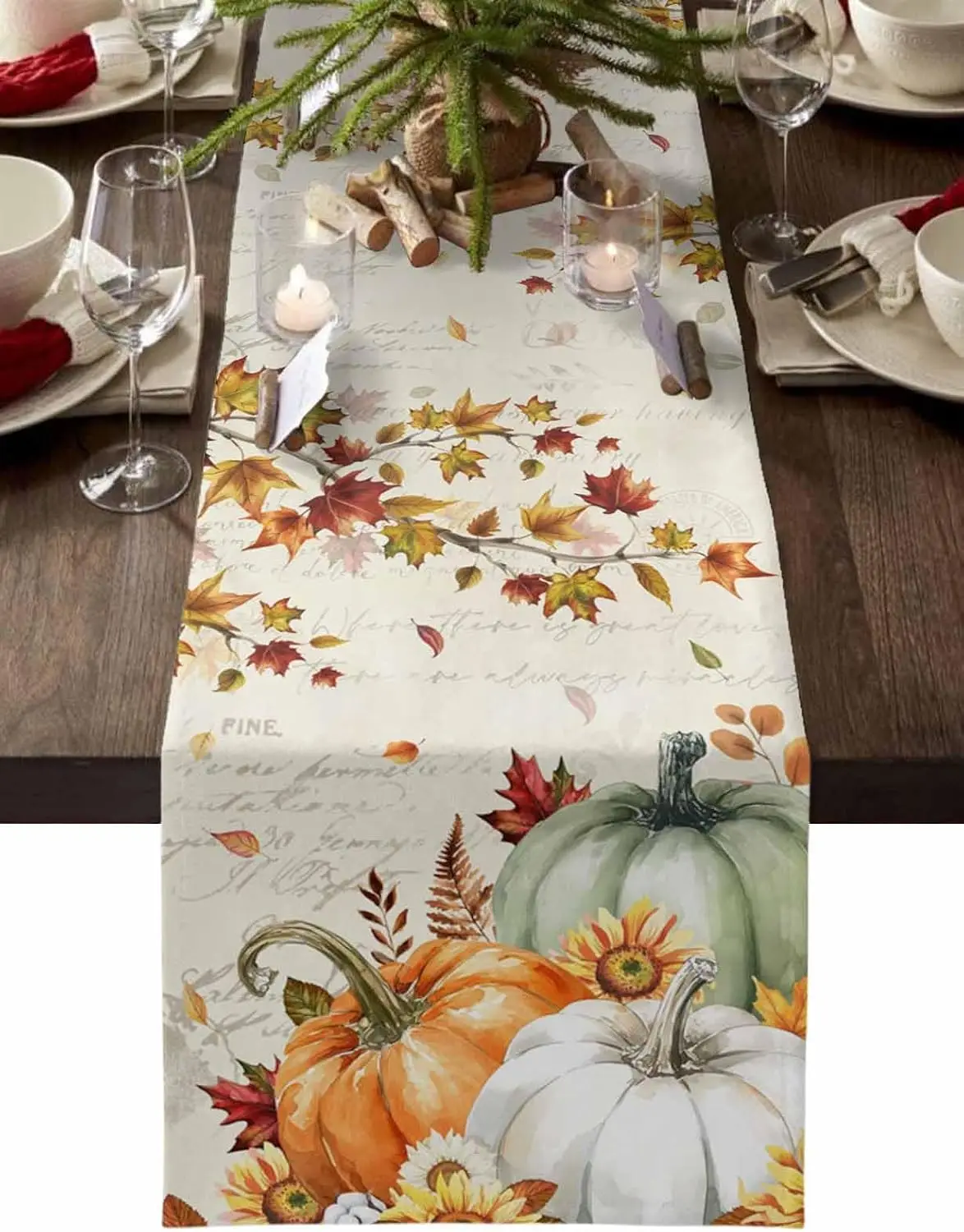 Fall Thanksgiving Maple Leaf Pumpkins Table Runner Holiday Party Decor Reusable Kitchen Dining Table Runner Autumn Decorations