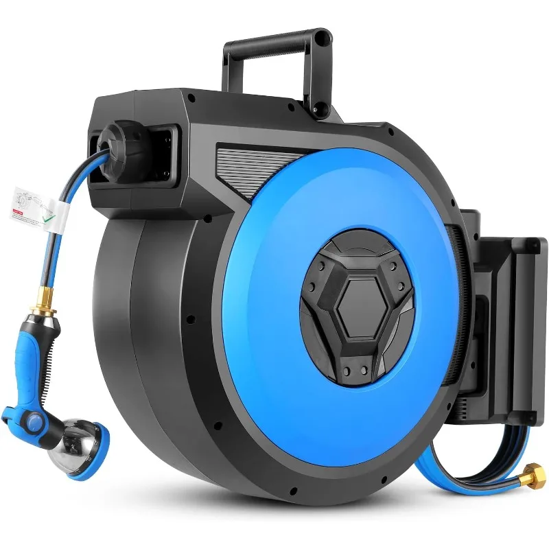 

125FT+6.6FT Retractable Garden Hose Reel, 1/2" Heavy Duty Hose Reel Wall Mount, with 10- Function Sprayer Nozzle
