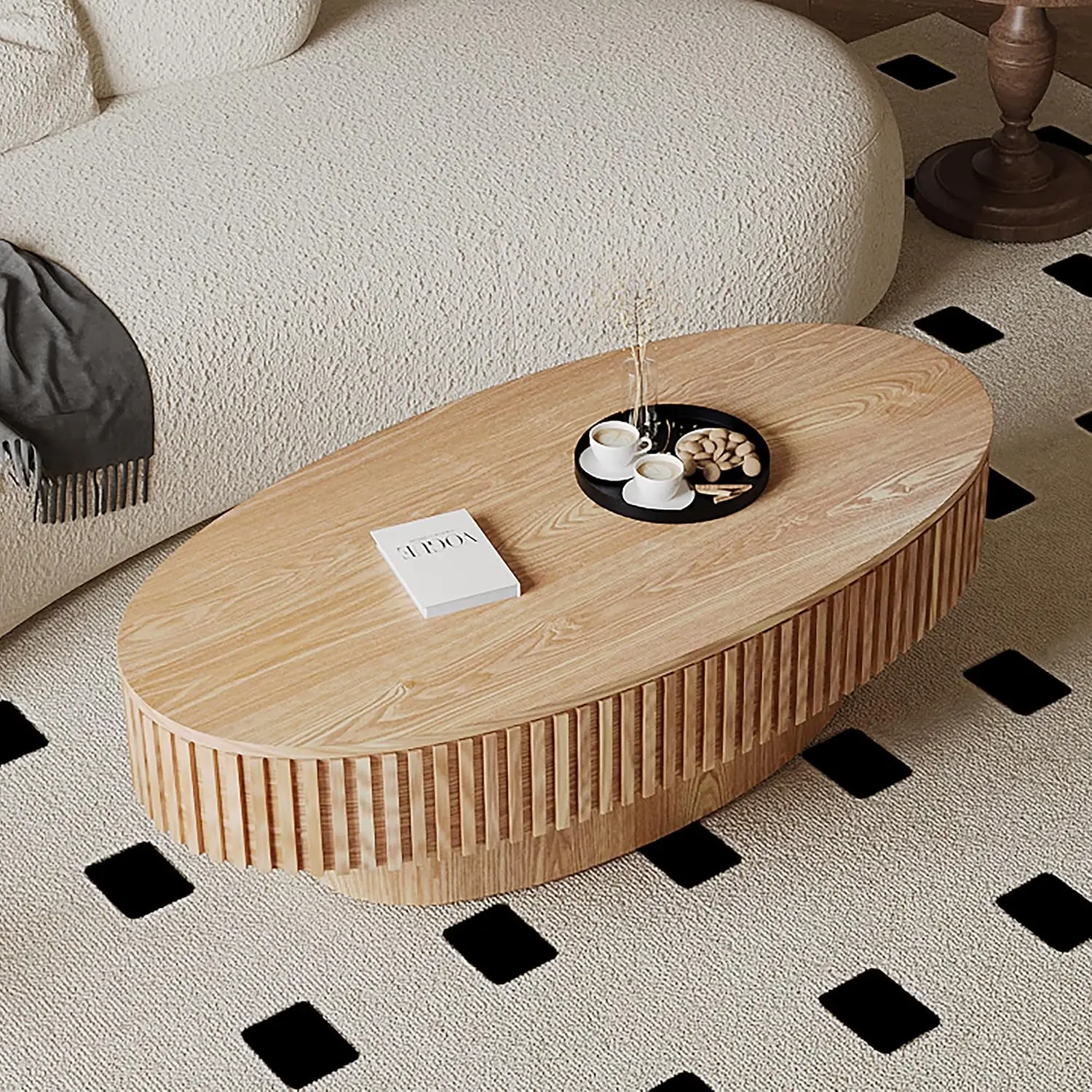 Oval Coffee Table with Lid & Hidden Storage Handcraft Texture Relief Modern Drum Table for Living Room, Customized