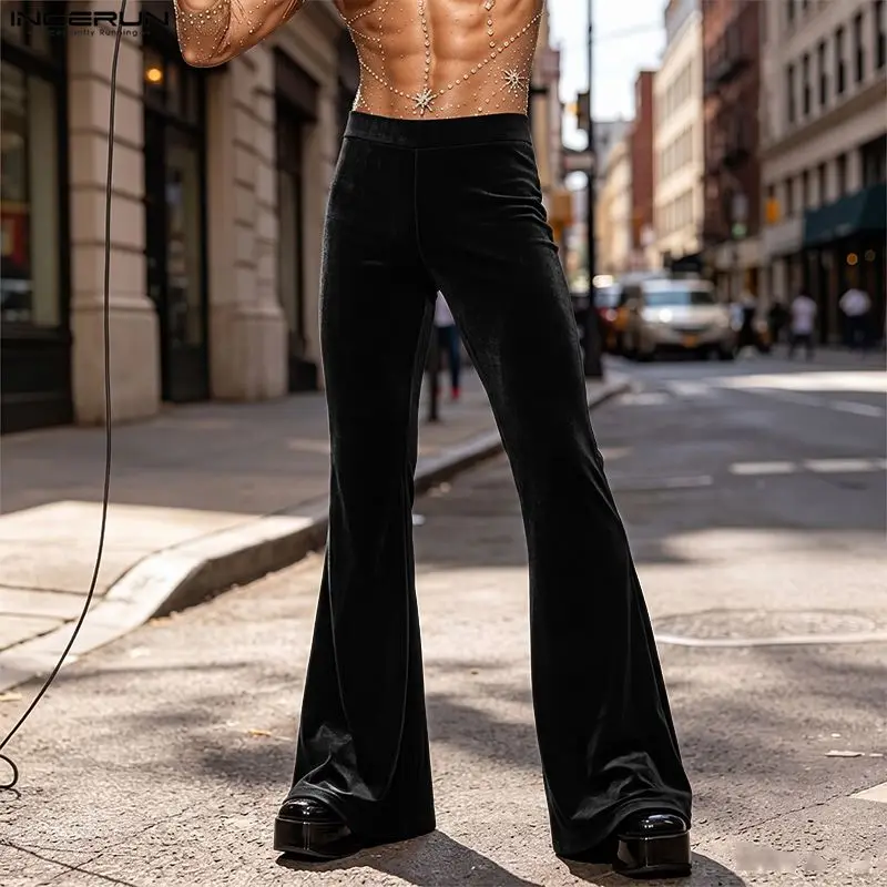 INCERUN Men's Pants Solid Color Velour Casual Elastic Waist High Waists Trousers Vintage Streetwear Retro Flare Pants For Man