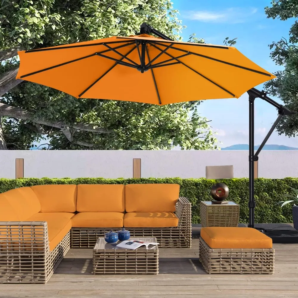 

10FT Cantilever Umbrella Offset Hanging Patio Umbrella with Base Stand Rotate and Tilt，Suitable for Garden, Lawn, Backyard