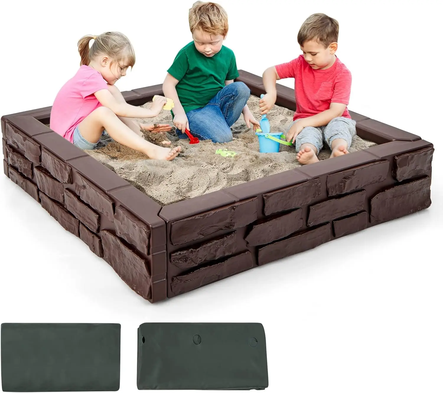 

Sandbox with Cover, 47"x 47" Sand Box w/Oxford Cover, Bottom Liner, Reinforced Structure, Weather Resistant Outdoor, Brown
