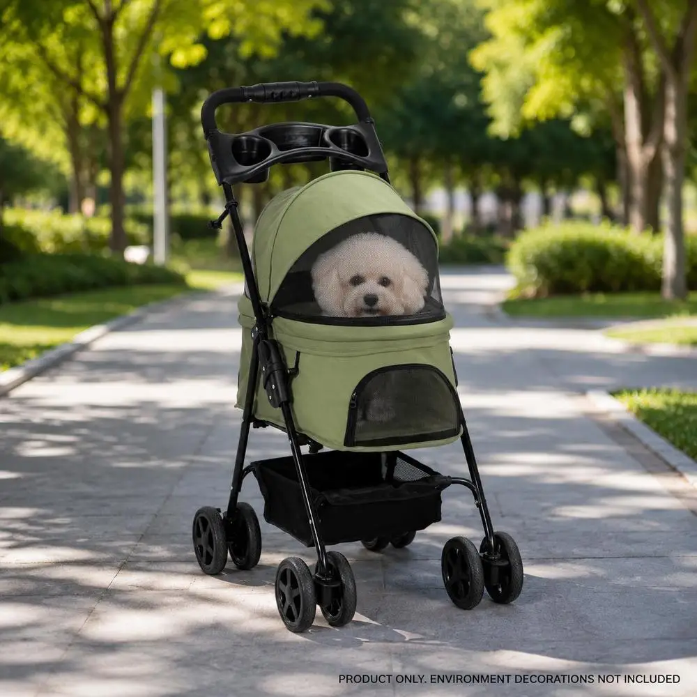 Poussette pour chien, pliable, avec 2 laisses de sécurité et 2 porte-gobelets, 67 x 45 x 96 cm, kaki