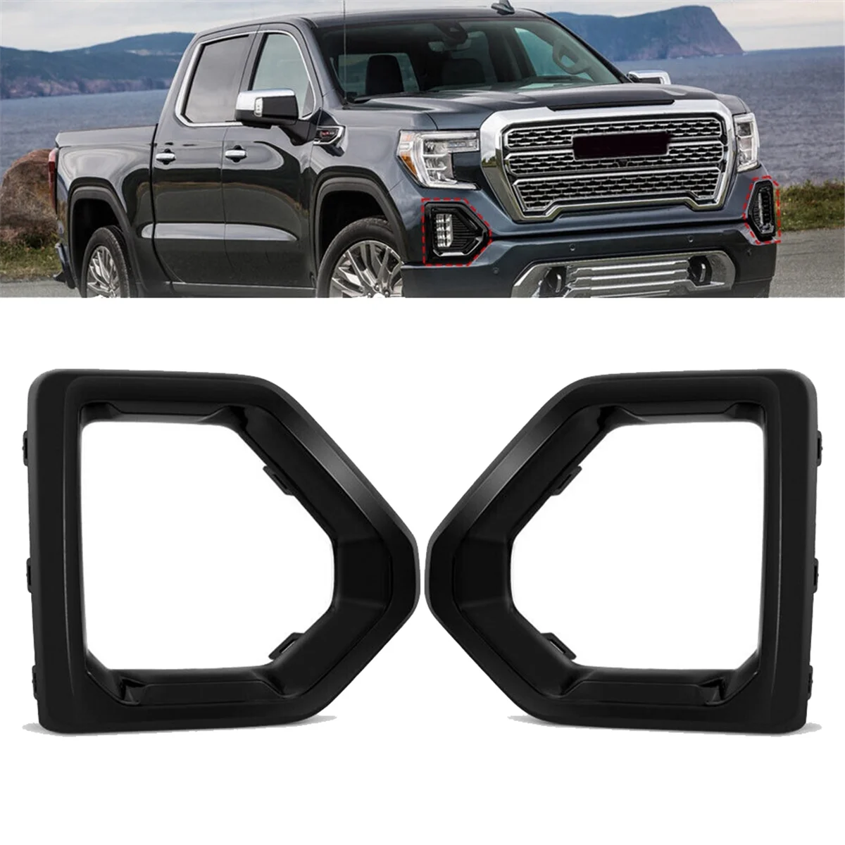 Front Fog Light Outer Bezel Cover Black Set for GMC Sierra 1500 Denali 2019-2022