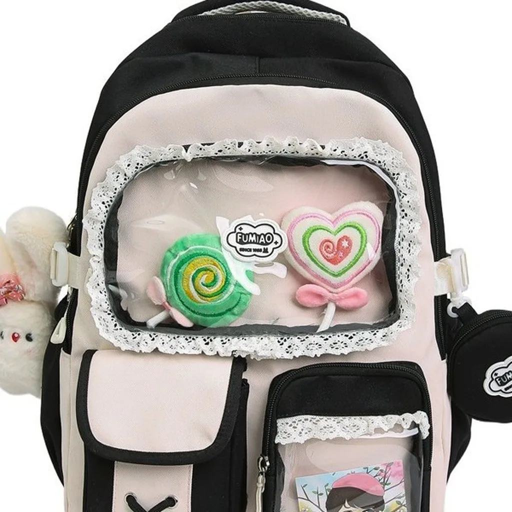 School Backpack Multi Compartment Bookbag Double Shoulder Bag Lace Trim Color Block Backpack For Library Study High School After