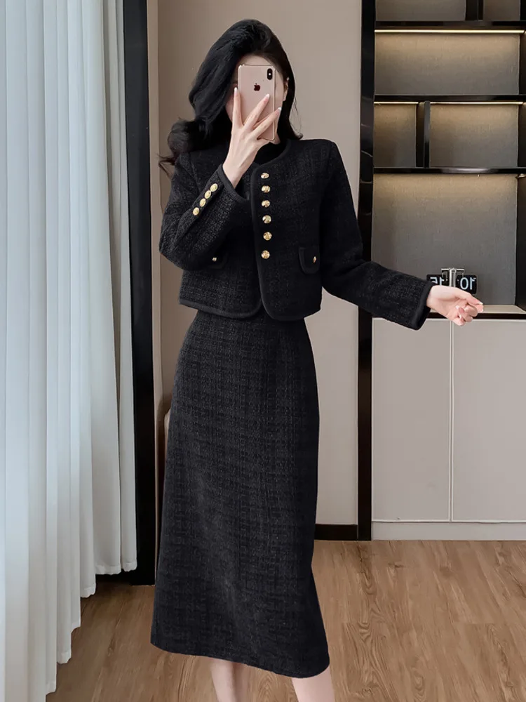 High Quality Christmas Small Fragrant Two Piece Set For Women Tweed Jacket Coat + Long Skirt Suits French Vintage 2 Piece Outfit