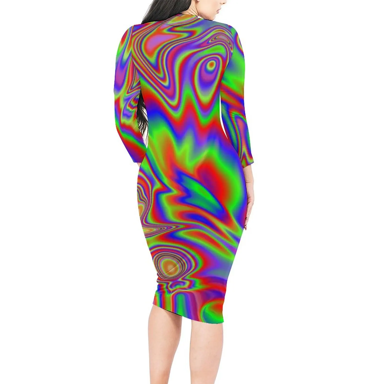 Liquid Rainbow Bodycon Dress Women Abstract Marble Print Pretty Dresses Spring Long Sleeve Aesthetic Custom Dress Big Size