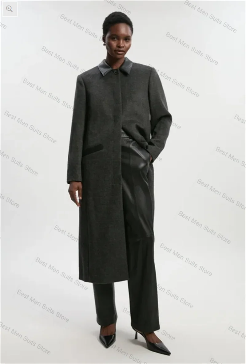 

Grey Cashmere Wool Women Suit 1 Pcs Long Blazer Overcoat Formal Office Jacket Winter PU Leather Lapel Customized Prom Dress