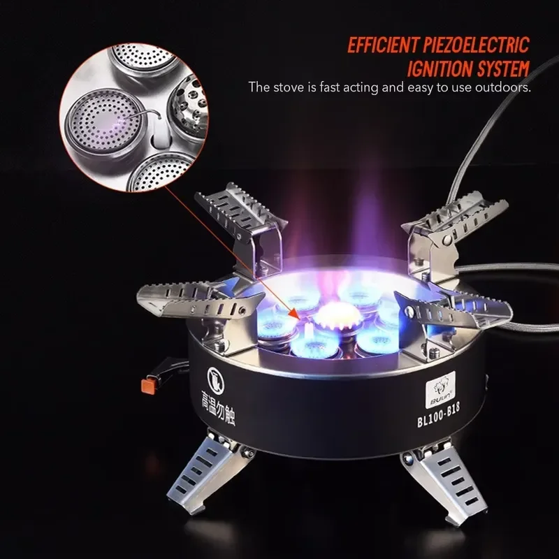18000W High-Power Camping Stove with Piezo Ignition Windproof Seven-Core Gas Stove Foldable Backpacking Stove for Outdoor