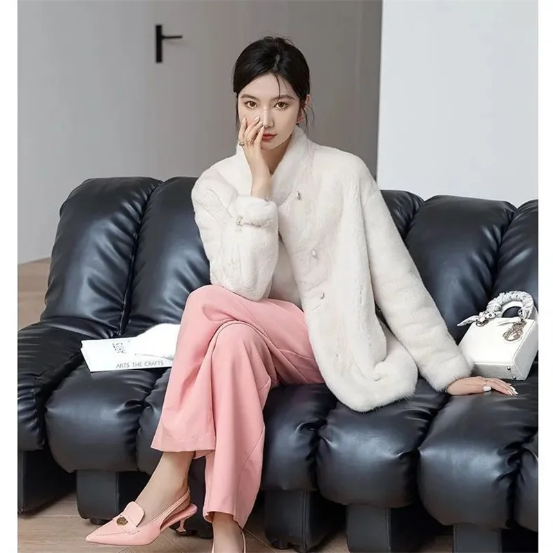 Women Fur Coat Autumn Winter New Stand Collar Disc Buckle Mid-length Imitation Mink Hair Overcoat Female Fashion Fur Coats