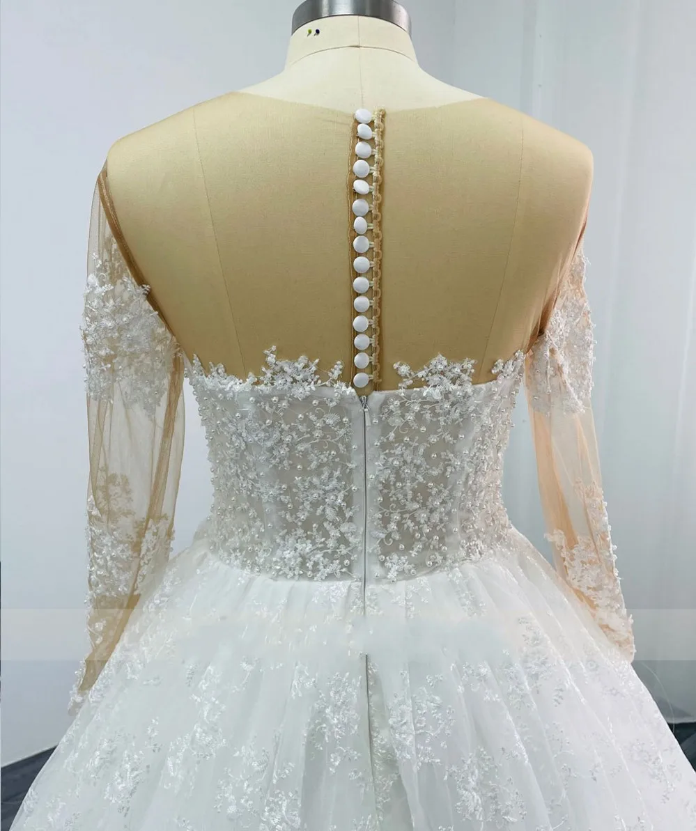 Vestido de casamento com decote em v manga cheia, pérolas, vestidos de noiva marrom, elegante, 2024