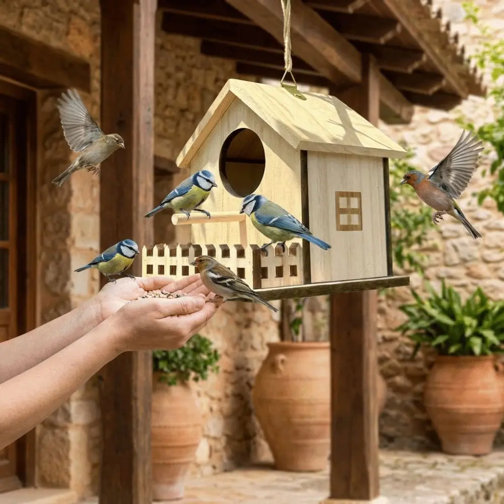Hanging Wood Bird House Parrot Mating Box Fence Perch Platform Incubation Box Cottage Style Bird Cage Bird Nest Hanging Garden