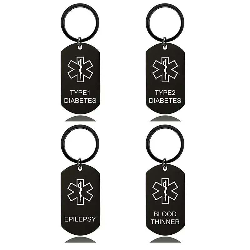 Diabetes All Black Dog Tag Stainless Steel Key Chain Star of Life Keyrings for Unisex Medical Alert ID Pattern Jewelry