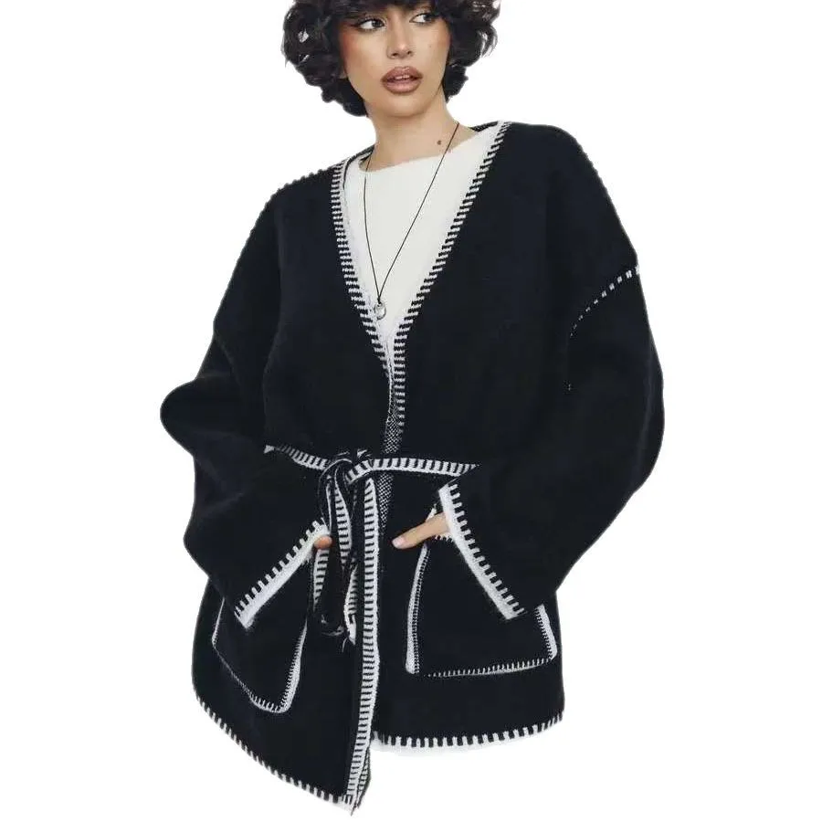 Primavera 2025 nuevo estilo bloque de Color cuello en V sin mangas con cinturón estilo británico elegante suéter para ir al trabajo cárdigan de punto largo suelto