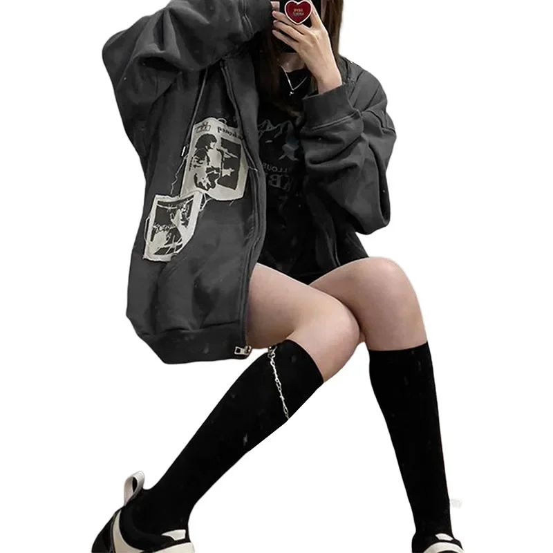 Spring Summer Hoodies Clothing Streetwear Y2k Women\'s Sweatshirts Hooded with Smooth Zipper Chic Letter Print Casual Style Loose